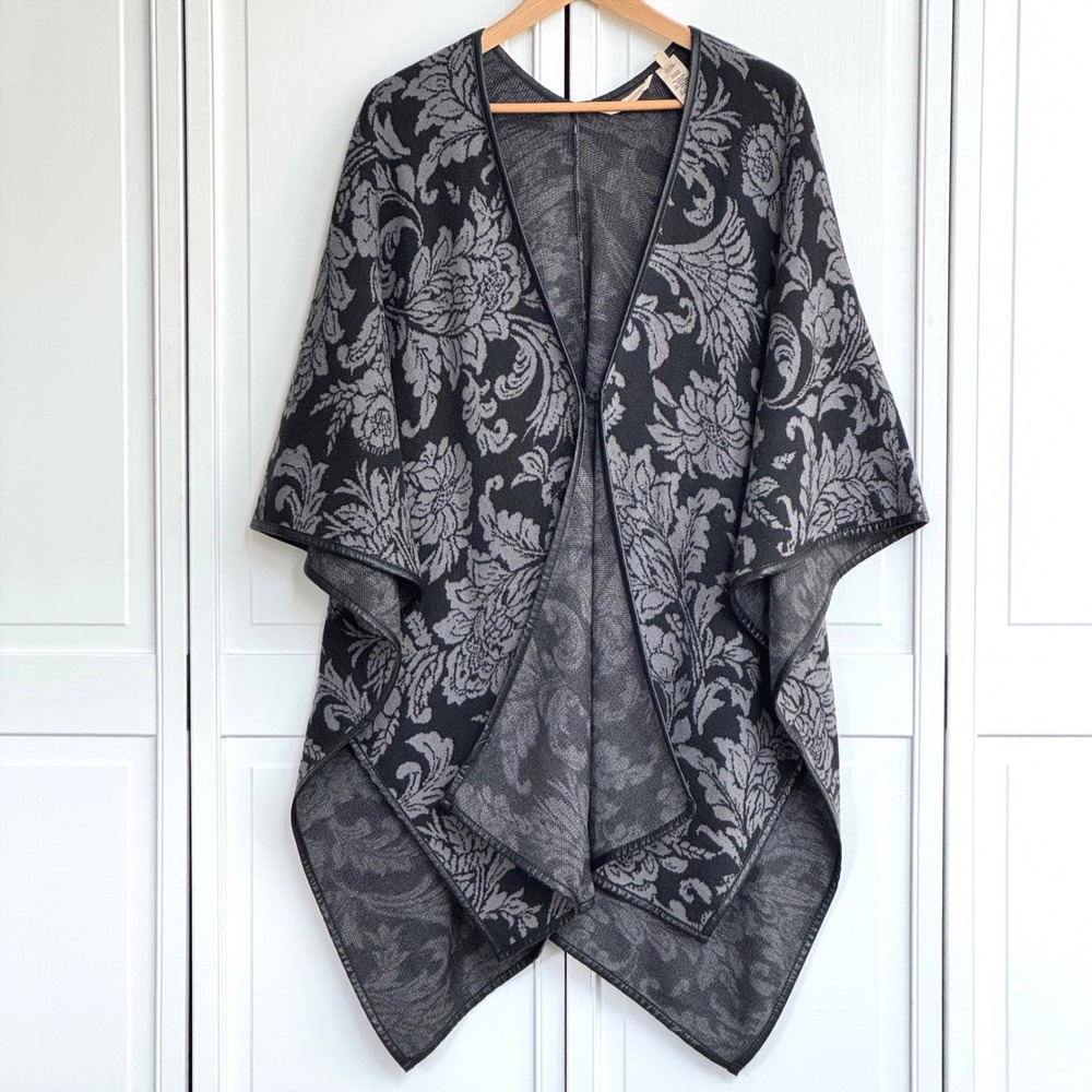 Soft Surroundings Floral Knit Wrap Black Grey Faux Leather Trim OS
